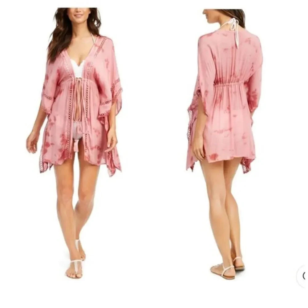 RAVIYA Pink Tie Dye Drawstring-Tie Kimono Deep V Neck Crochet Swimsuit Cover Up